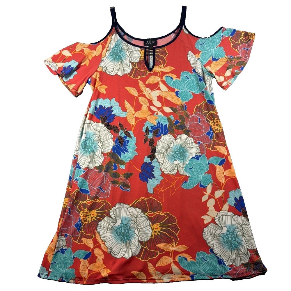 Cold Shoulder Dress Womens AUW 10 Red Floral Keyhole Flutter Sleeve Knee Length